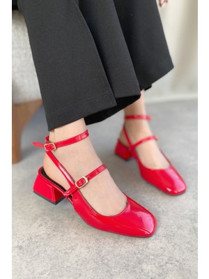 Moda Adam Kadın Kelvin Kısa Topuklu Rugan Ayakkabı Kırmızı-Rugan