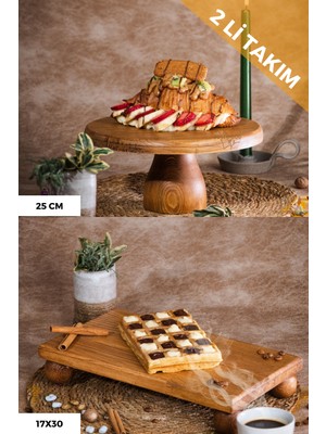 Justwood 2 Li 25/10 Lucca ve 17X30 cm Risus Ahşap Dikdörtgen Pasta Sunum Servis Tabağı Seti