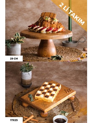 Justwood 2 Li 29/12 Lucca ve 17X25 cm Risus Ahşap Dikdörtgen Pasta Sunum Servis Tabağı Seti