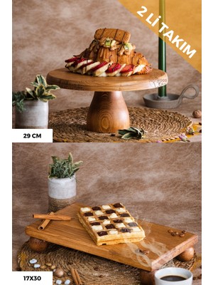 Justwood 2 Li 29/12 Lucca  ve 17X30 cm Risus Ahşap Dikdörtgen Pasta Sunum Servis Tabağı Seti