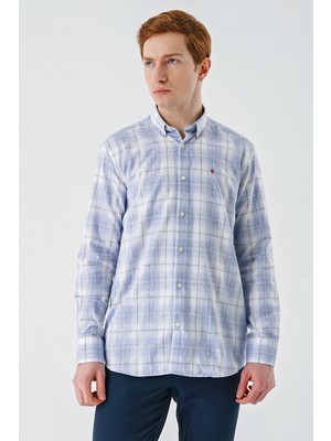 İmza Koyu Mavi Kısalabilir Kol Cepsiz Pamuklu Keten Comfort Fit Gömlek 1004240147