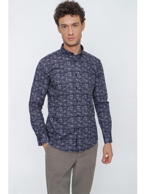 İmza Koyu Lacivert Uzun Kol Baskılı  Pamuklu Likralı Slim Fit Dar Kesim Klasik Gömlek 1004225159