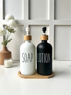 Mottogo 2'li Bambu Altlıklı Beyaz ve Siyah Cam Lotion | Soap Seti