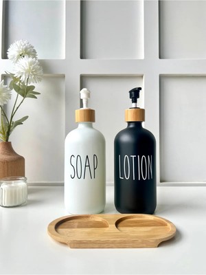 Mottogo 2'li Bambu Altlıklı Beyaz ve Siyah Cam Lotion | Soap Seti