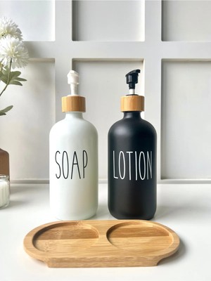 Mottogo 2'li Bambu Altlıklı Beyaz ve Siyah Cam Lotion | Soap Seti