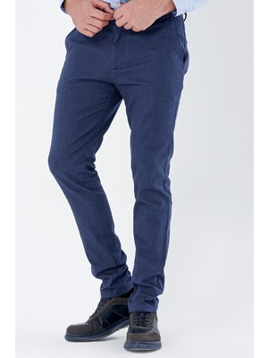 İmza Lacivert Desenli Armürlü Yan Cepli Slim Fit Dar Kesim Casual Pantolon 1003235119