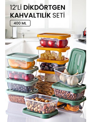 Kitchen Life 12'li Aura Dikdörtgen Saklama Kabı 400 ml - Kahvaltılık Kahvaltı Seti