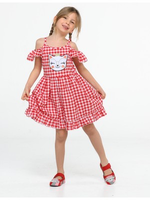 Ekose Kolları Fırfırlı Kız Çocuk Elbise