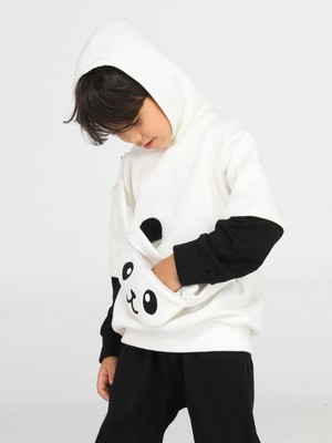 Casabony Panda Unisex Mobil Çantalı Krem Sweatshirt