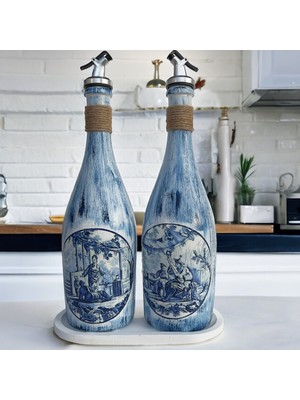 Mes Reves Design Beyaz Sunum Stantlı Çini Desenli Mavi Japon Izleri Şarap Şişesi Yağdanlık Seti Mutfak Dekoru