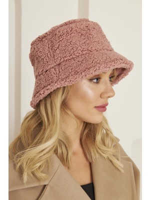 EKE TEKSTİL Pembe Kadın Peluş Kova Model Balıkçı Bucket Hat Kışlık Şapka