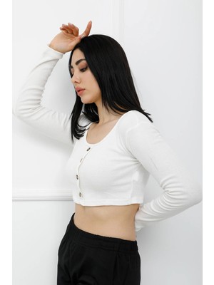 Noble Styles Sahte Düğmeli Mini Crop Bady Ekru - P-020494