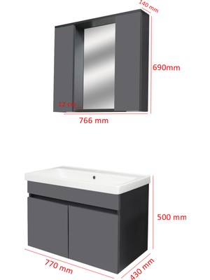 Karen Banyo Arya Banyo Dolabı Seti 80 Cm, Mat Antrasit, lavabo dahil