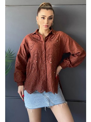 Julude Kiremit Inci ve Taş Detaylı Ajurlu Kadın Gömlek P-00009190