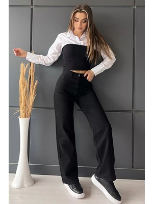Julude Siyah Kadın Bol Paça Yüksek Bel Jean Kot Pantolon P-00009070