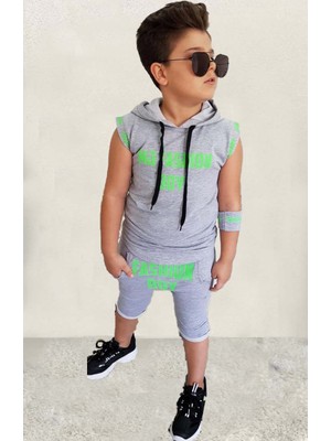 Riccotarz Erkek Çocuk Fashıon Boy Yazı Baskılı Kapişonlu Kolsuz Sweatshirt Gri Şortlu Takım