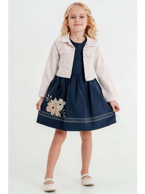 Riccotarz Kız Çocuk Üzerinde Jeans Ceket ve Çiçek Dikiş Işlemeli Lacivert Elbise