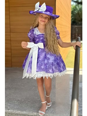 Riccotarz Kız Çocuk Üzeri Gül Baskılı Yakası ve Etek Ucu Dantel Işlemeli Mor Elbise