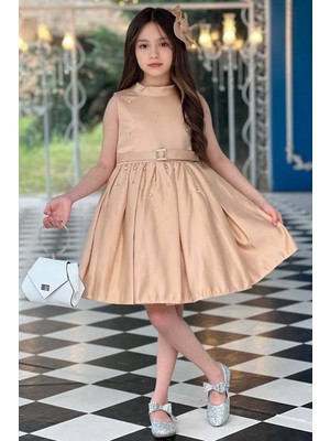 Riccotarz Kız Çocuk Boydan Üzeri Taş Işlemeli Kemer Detaylı Piliseli Krem Elbise