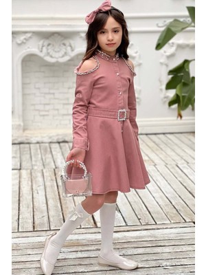 Riccotarz Kız Çocuk Omuzu ve Yakası Taş Işlemeli Pudra Elbise