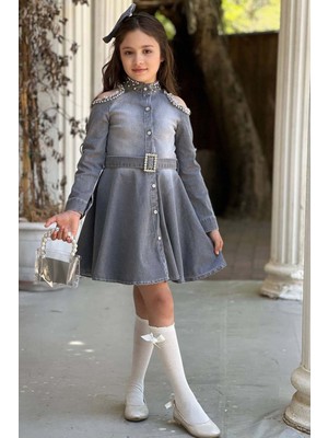 Riccotarz Kız Çocuk Omuzu ve Yakası Taş Işlemeli Gri Kot Elbise
