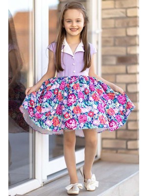 Riccotarz Kız Çocuk Gömlek Yaka Çiçek Baskılı Lila Elbise