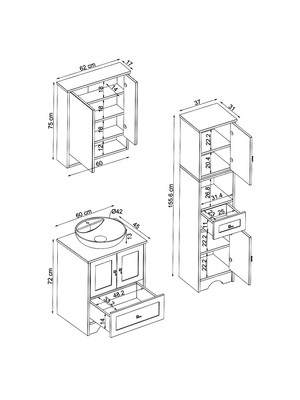 Roomart Lavabolu Mat Beyaz Mdf 60 cm Çekmeceli Banyo Dolabı + Aynalı Banyo Üst Dolabı + Boy Dolabı