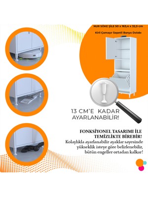 modilayn Modilayn Nur Söke Şile 45 x 163,4 x 32,5 cm 2 Kapak 3 Bölmeli Kirli Çamaşır Sepetli Banyo Dolabı