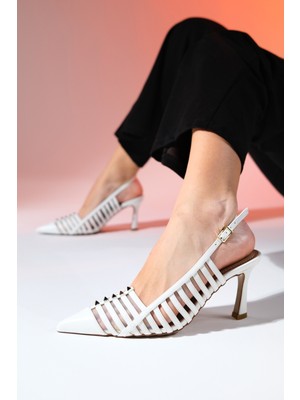 Luvi Rennes Beyaz Troklu Kadın Sivri Burun Bantlı İnce Topuklu Ayakkabı