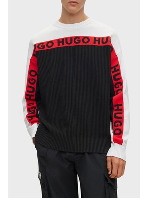 Hugo Logo Şeritli Bisiklet Yaka Pamuklu Relaxed Fit Kazak Erkek Kazak 50499995 001