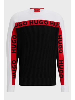 Hugo Logo Şeritli Bisiklet Yaka Pamuklu Relaxed Fit Kazak Erkek Kazak 50499995 001