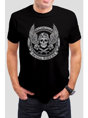 T-35 Motorcu Kuru Kafa Baskılı Siyah Unisex T-Shirt