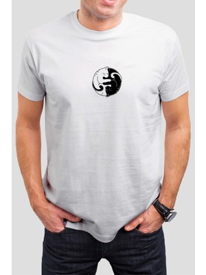 T-35 Ying Yang Kedi Baskılı Beyaz Unisex T-Shirt