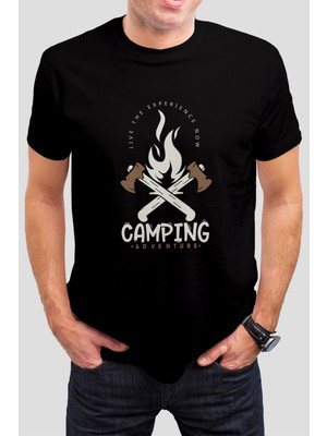 T-35 Camping Baskılı Siyah Unisex T-Shirt