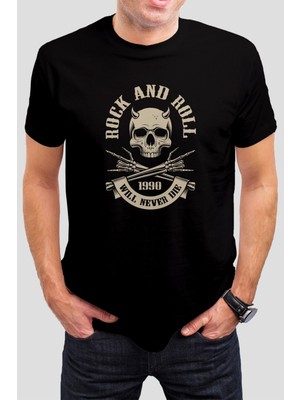 T-35 Rock Kuru Kafa Baskılı Siyah Unisex T-Shirt