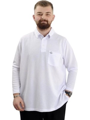 Superxl Büyük Beden Erkek Sweatshirt Polo Yaka Uzun Kol Waffle 23449 Beyaz