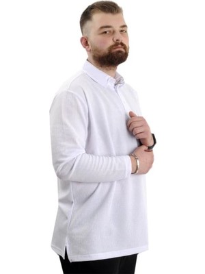 Superxl Büyük Beden Erkek Sweatshirt Polo Yaka Uzun Kol Waffle 23449 Beyaz