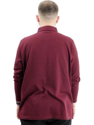 Superxl Büyük Beden Erkek Sweatshirt Polo Yaka Uzun Kol Waffle 23449 Bordo