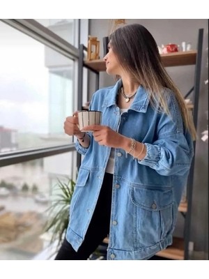 Hanope Kadın Oversize Mavi Kot Ceket