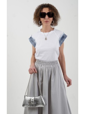 Zelish My Sister Beyaz Kol Ucu Denim Detaylı T-Shirt