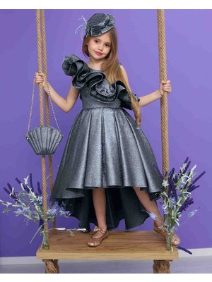 Poyraz Kids Kız Çocuk Mezuniyet Abiye Elbise Şapkalı Toka Çanta