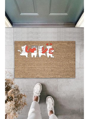 Modfex Dijital Baskı Kahverengi Love Harflerini Tutan Beyaz Kediler Dekoratif Kapı Paspası K-2066