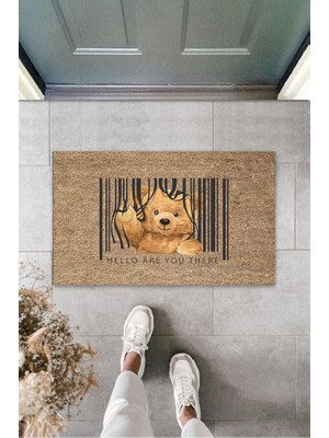 Modfex Kahverengi Kapı Önü Paspası Hello Are You There Ayıcık Desen  K-3283