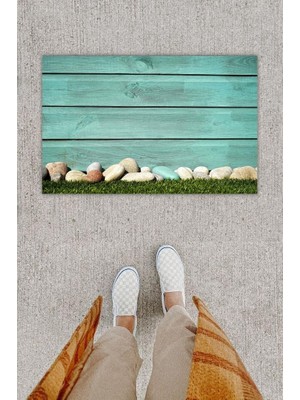 Modfex Dijital Baskı Dekoratif Ahşap Duvar Mavi Kapı Önü Paspası K-1268