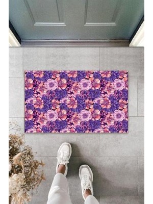 Modfex Dekoratif Dijital Çiçekler Mor Kapı Paspası Dış Mekan Paspas K-3119