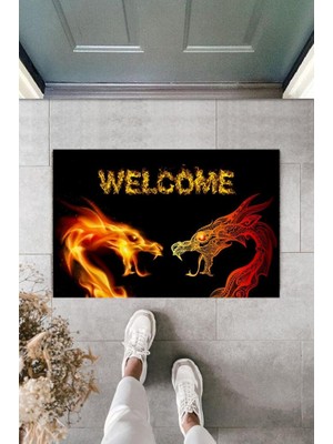 Modfex Dijital Baskı Siyah Welcome Ejderha Paspas K-2110