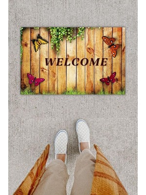 Modfex Dijital Baskı Dekoratif 'lü Kelebek Kahverengi Kapı Önü Paspası K-1257