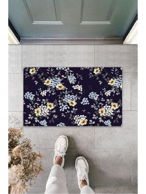 Modfex Lacivert Kapı Önü Paspası Minik Çiçekler Desen  K-3249