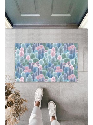 Miraxx Dijital Baskı Pembe-Mavi Küçük Ağaçlar Paspas K-3094