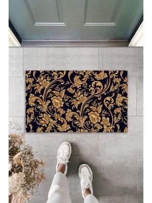 Miraxx Dekoratif Dijital Baskı Siyah-Gold Çiçek Dış Mekan Paspas K-2097